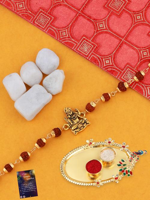 gold plated bracelet rakhi with roli chawal kankawati thali and greeting card  - 17900915 - Very Small Image - 1
