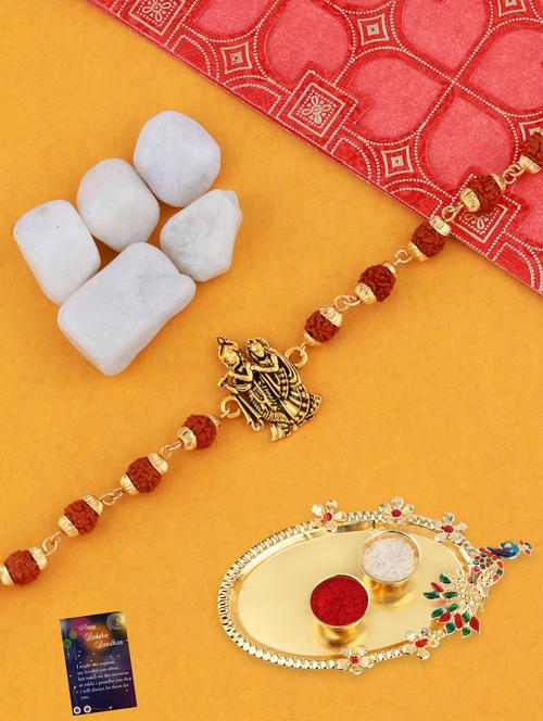 gold plated bracelet rakhi with roli chawal kankawati thali and greeting card  - 17900917 - Very Small Image - 1