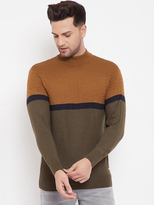 olive green color block pullover - 17905121 - Very Small Image - 1