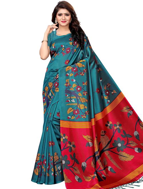 teal printed saree with blouse - 17908681 - Very Small Image - 1