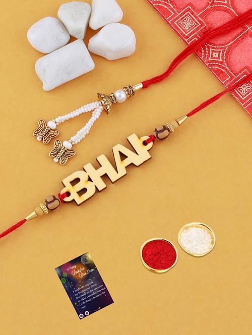 set of 2 thread rakhi with roli chawal and greeting card  - 17909876 - Very Small Image - 1