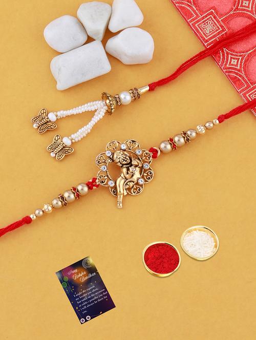set of 2 thread rakhi with roli chawal and greeting card  - 17909883 - Very Small Image - 1