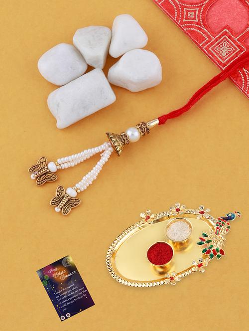 set of 2 rakhi with roli chawal kankawati thali and greeting card  - 17909889 - Very Small Image - 1