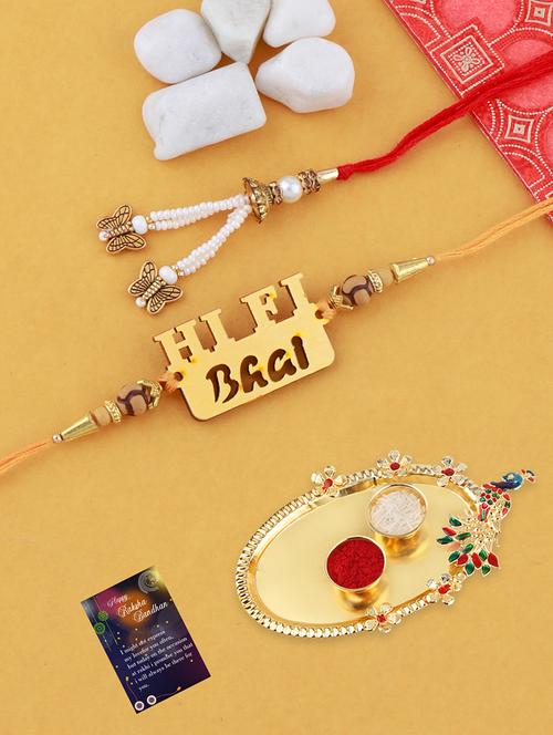 set of 2 rakhi with roli chawal kankawati thali and greeting card  - 17909894 - Very Small Image - 1