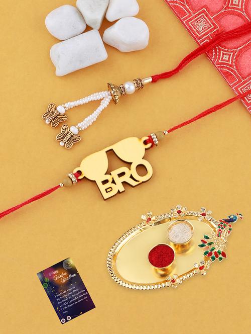set of 2 rakhi with roli chawal kankawati thali and greeting card  - 17909899 - Very Small Image - 1