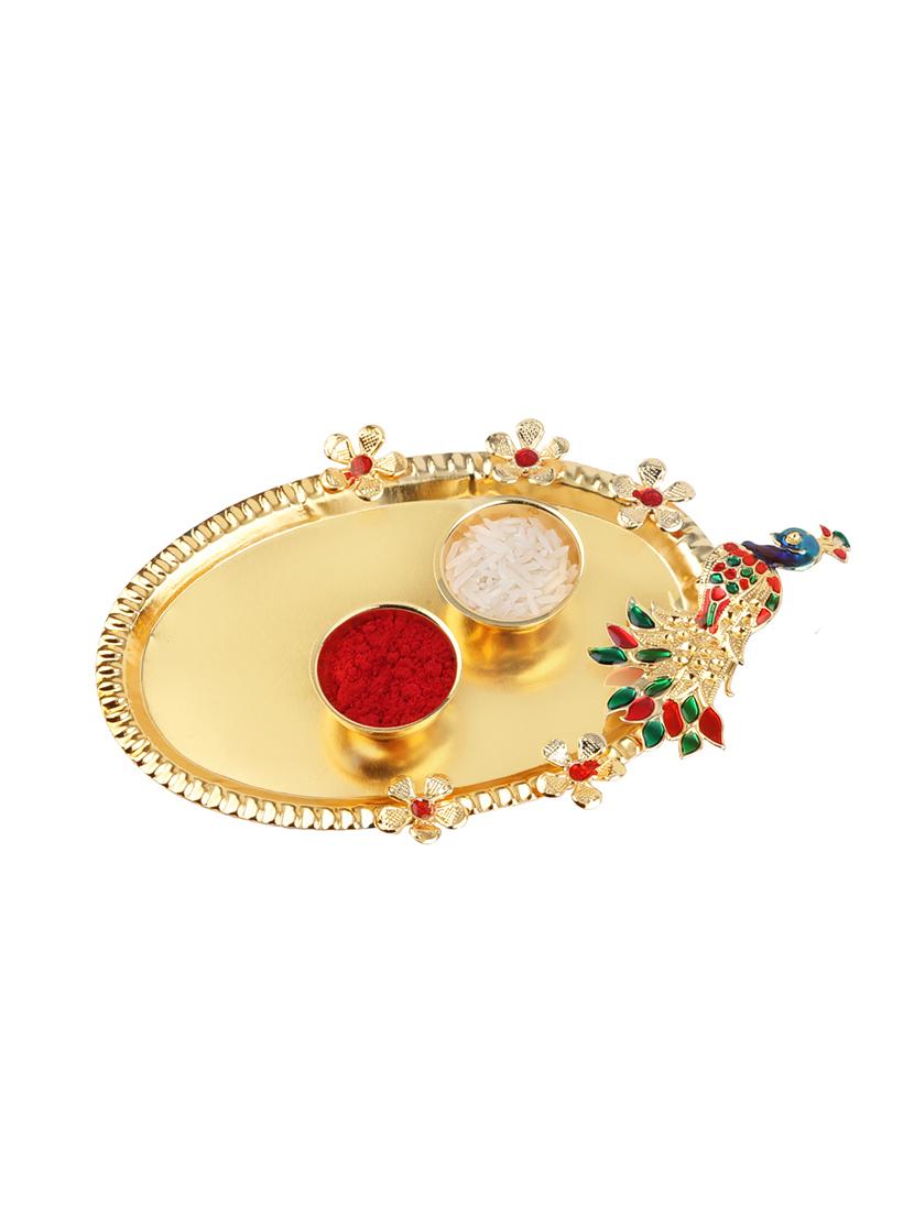 set of 2 rakhi with roli chawal kankawati thali and greeting card - 17909905 - Zoom Image - 2