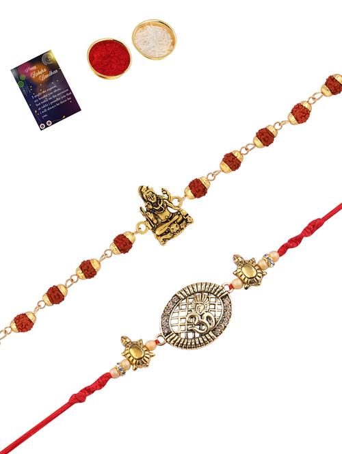 set of 2 gold plated thread rakhi with roli chawal and greeting card  - 17910068 - Very Small Image - 1