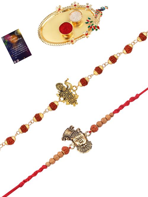 pack of 2 rakhi with roli chawal pooja thali & greeting card - 17910097 - Very Small Image - 1