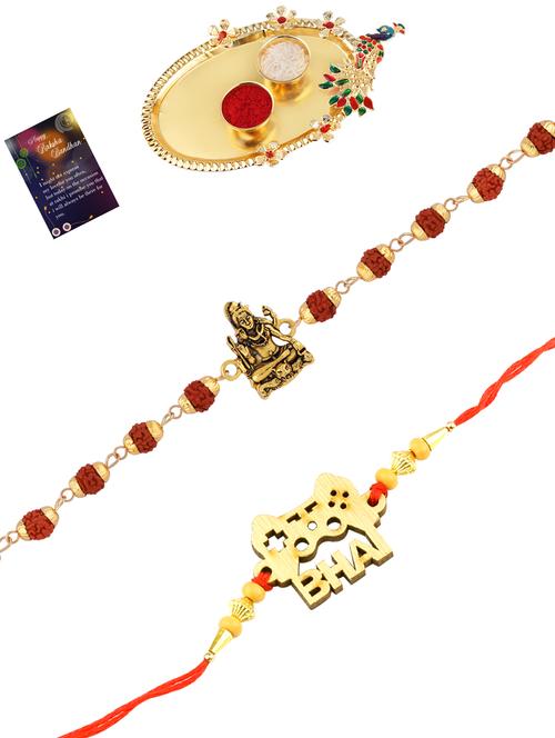 pack of 2 rakhi with roli chawal pooja thali & greeting card - 17910114 - Very Small Image - 1