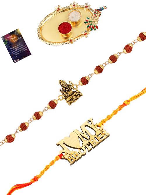 pack of 2 rakhi with roli chawal pooja thali & greeting card - 17910120 - Very Small Image - 1
