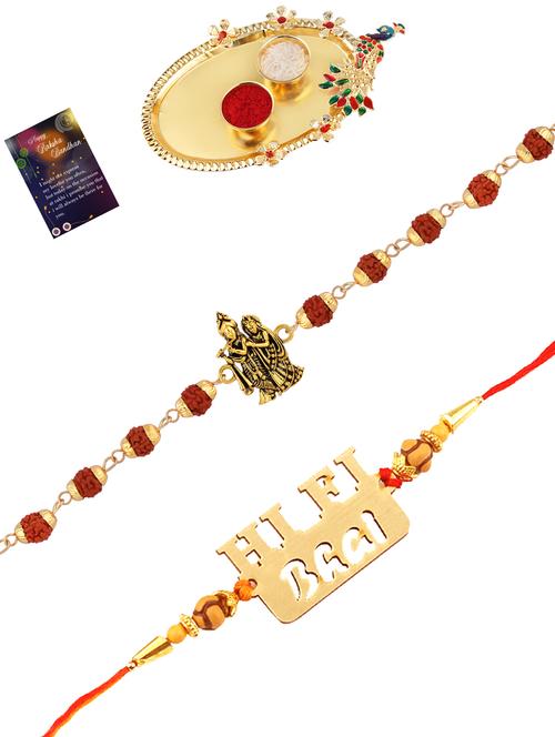 pack of 2 rakhi set with roli chawal, greeting card and kankawati pooja thali - 17910138 - Very Small Image - 1