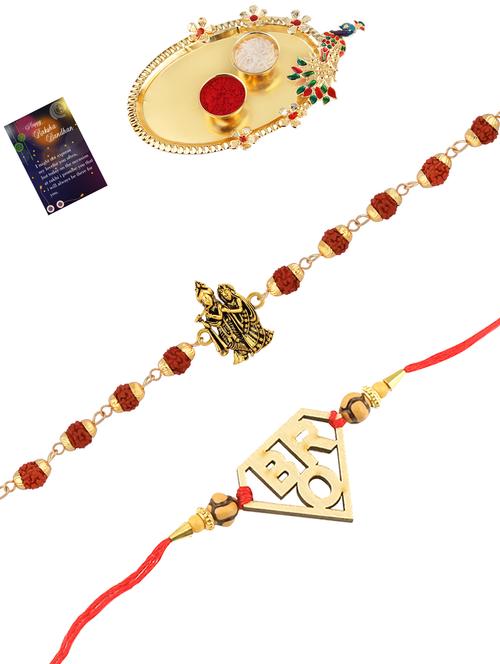 pack of 2 rakhi set with roli chawal, greeting card and kankawati pooja thali - 17910140 - Very Small Image - 1