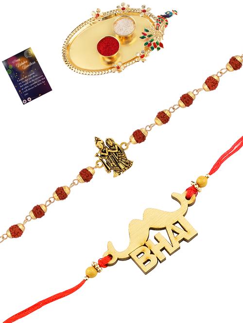 pack of 2 rakhi set with roli chawal, greeting card and kankawati pooja thali - 17910142 - Very Small Image - 1