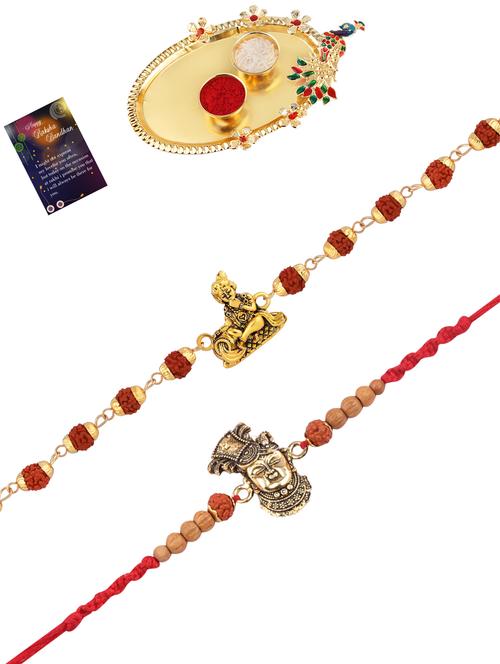 pack of 2 rakhi set with roli chawal, greeting card and kankawati pooja thali - 17910177 - Very Small Image - 1