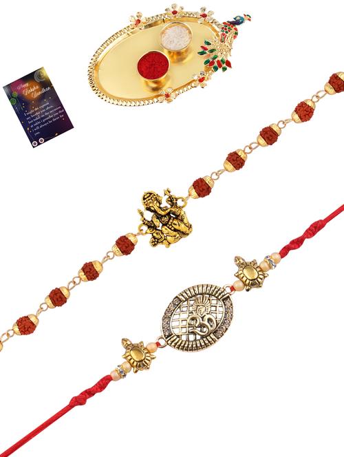 pack of 2 rakhi set with roli chawal, greeting card and kankawati pooja thali - 17910178 - Very Small Image - 1