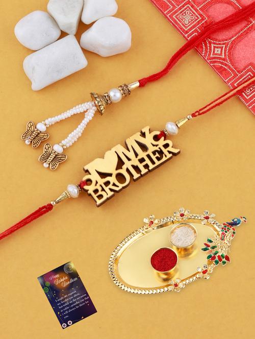 pack of 2 rakhi set with roli chawal, greeting card and pooja thali - 17910225 - Very Small Image - 1