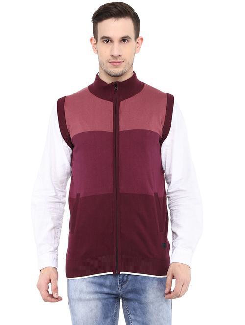 maroon color block cardigan - 17911629 - Very Small Image - 1