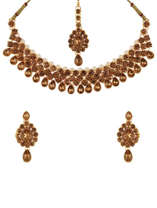 gold plated crystal pearl choker necklace earrings maangtika set - 17911718 - Very Small Image - 1