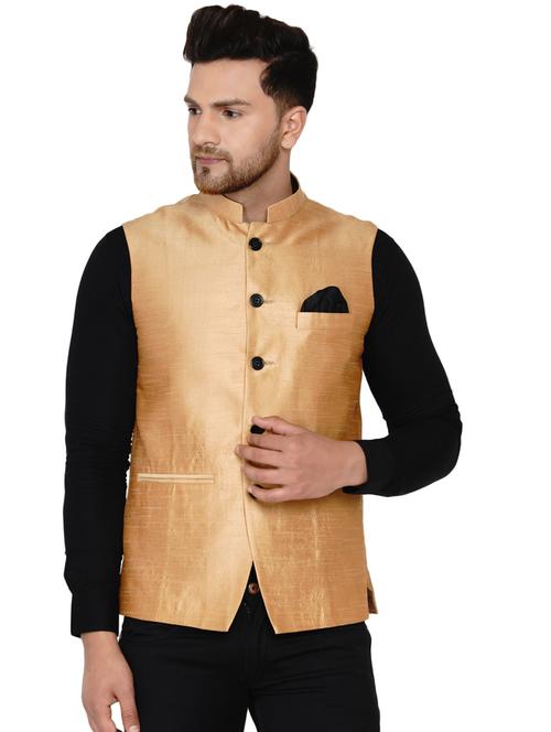 Brown Solid Silk Nehru Jacket - 17911768 - Very Small Image - 1