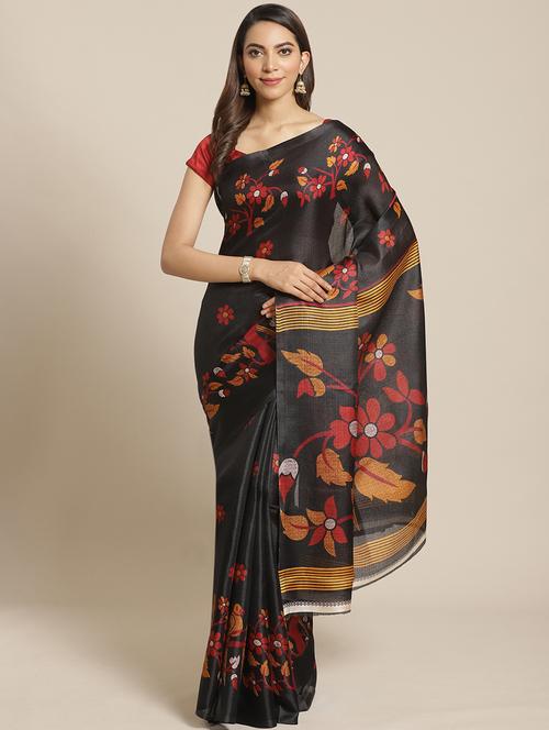 women's floral black colored saree with blouse - 17914166 - Very Small Image - 1