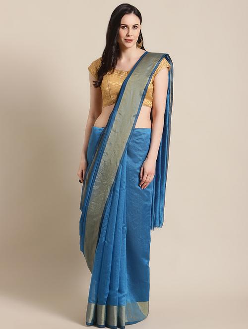 women's bordered turquoise colored saree with blouse - 17914320 - Very Small Image - 1