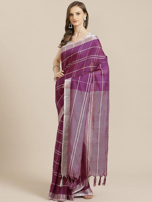 women's checks purple colored saree with blouse - 17914985 - Very Small Image - 1