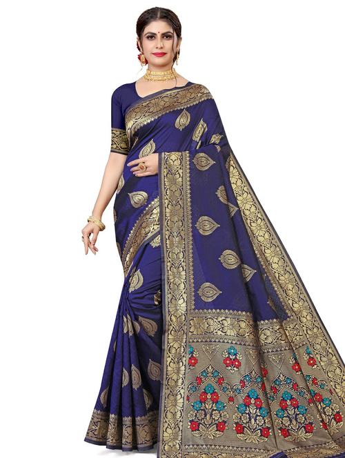 women's self design navy blue colored saree with blouse - 17915048 - Very Small Image - 1