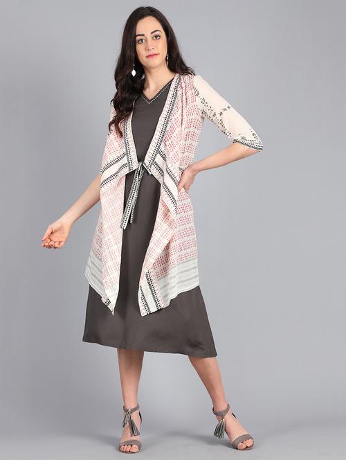 printed a-line ethnic dress with jacket  - 17924887 - Very Small Image - 1