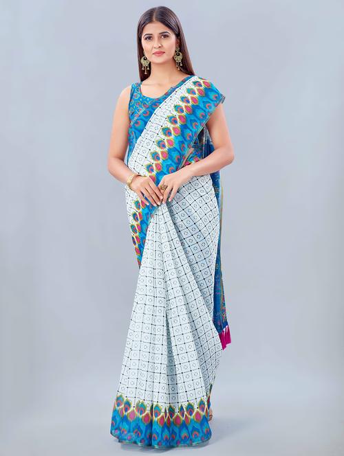 women's checks blue colored saree with blouse - 17926462 - Very Small Image - 1
