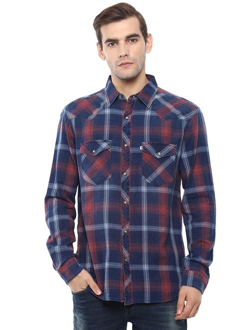 navy blue checkered casual shirt - 17926883 - Very Small Image - 1
