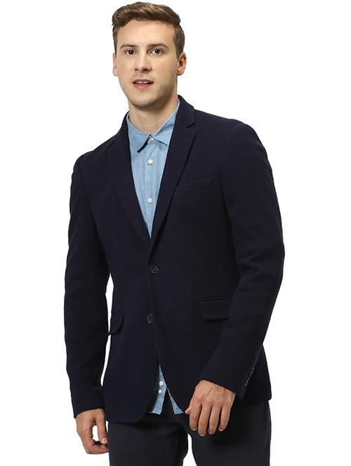 navy blue self design single breasted casual blazer - 17927999 - Very Small Image - 1