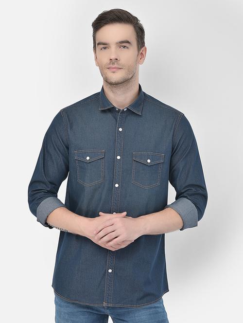 blue solid denim casual shirt - 17928856 - Very Small Image - 1