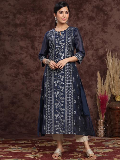 indigo chanderi straight kurta - 17948119 - Very Small Image - 1
