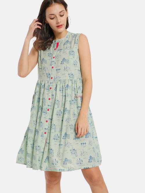 mandarin neck printed fit & flare dress - 17951539 - Very Small Image - 1