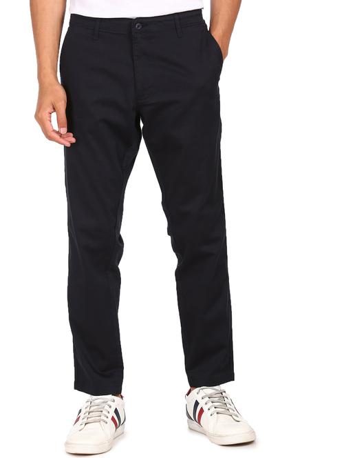 navy blue solid flat front casual trouser - 17951975 - Very Small Image - 1