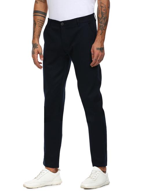 navy blue solid flat front casual trouser - 17951982 - Very Small Image - 1
