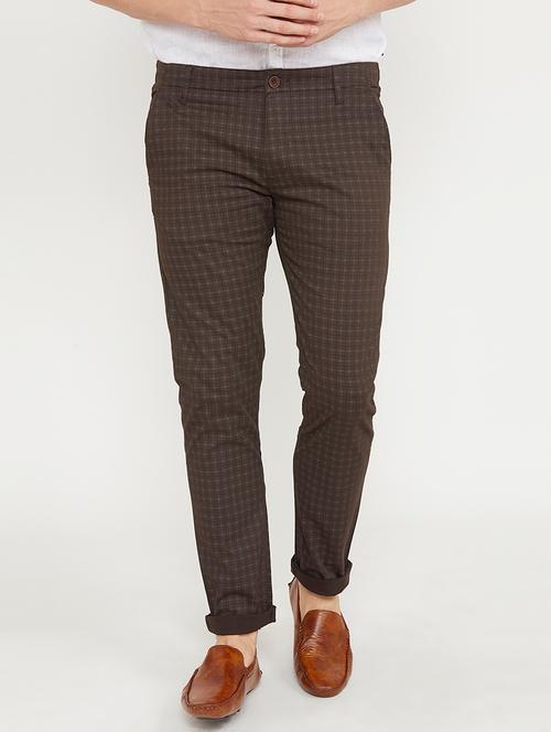 brown checkered flat front casual trouser - 17956387 - Very Small Image - 1
