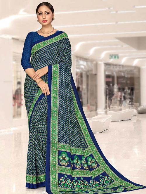 navy blue printed saree with blouse - 17970935 - Very Small Image - 1