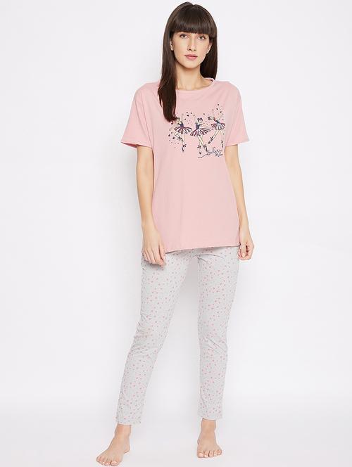 round neck graphic nightwear pajama set - 17976179 - Very Small Image - 1