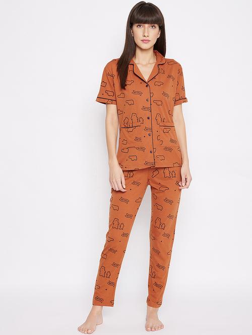 shirt collar printed nightwear pajama set - 17976182 - Very Small Image - 1