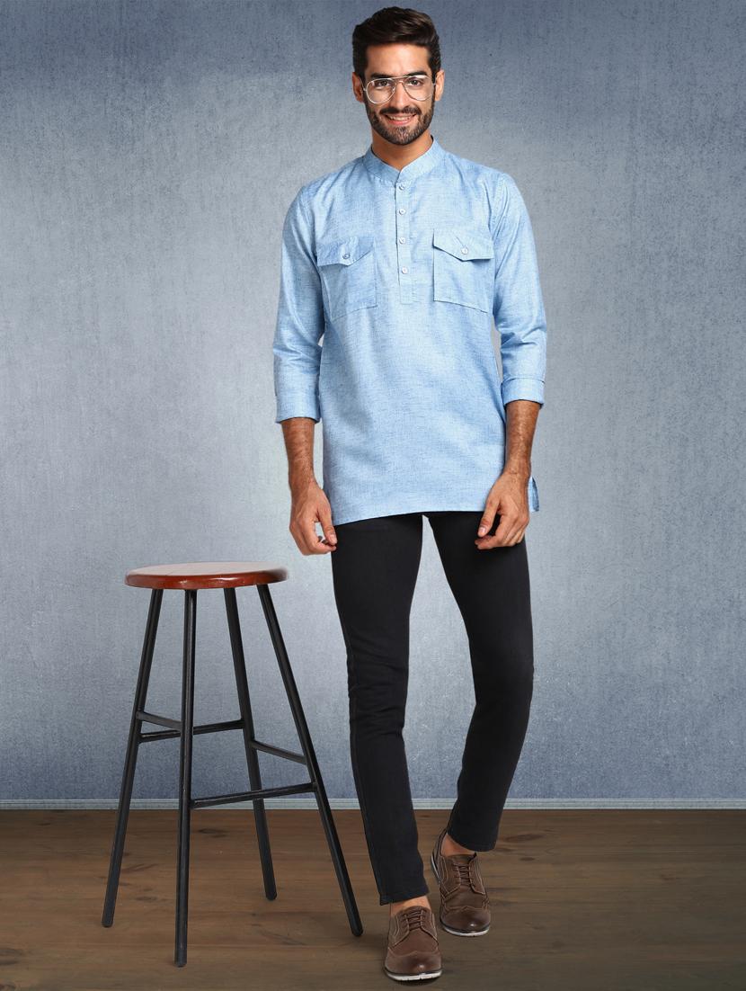 light blue solid short kurta - 17976667 - Standard Image - 3
