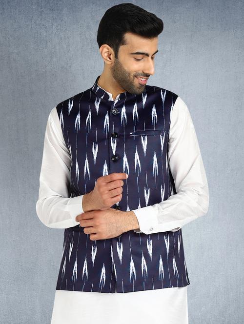 navy blue printed nehru jacket - 17976701 - Very Small Image - 1