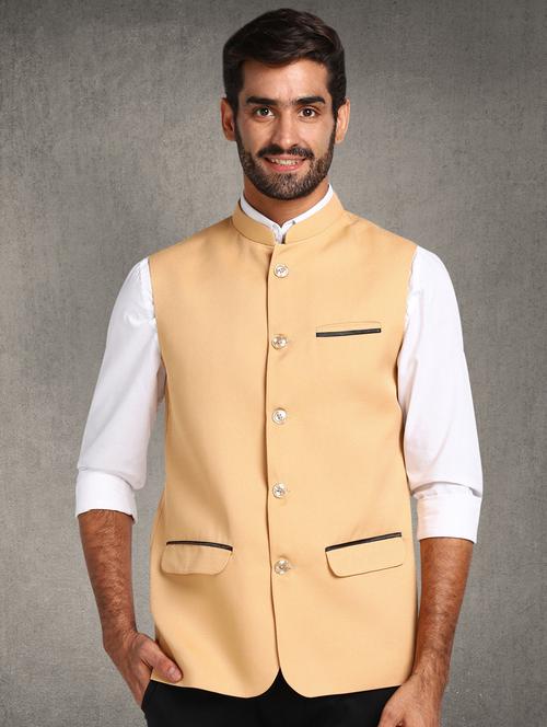 beige solid nehru jacket - 17976705 - Very Small Image - 1
