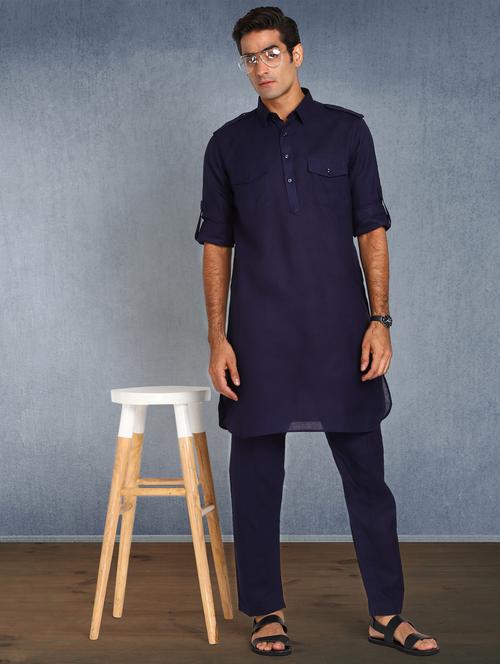 navy blue  solid kurta pyjama ethnic wear set - 17976714 - Very Small Image - 1