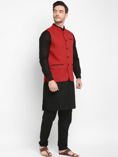 black solid kurta pyjama set with red solid nehru jacket - 17976743 - Very Small Image - 1