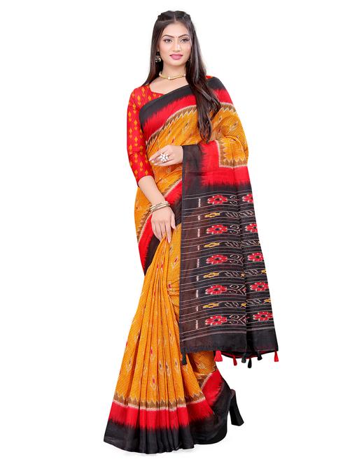 yellow cotton blend ikat saree with blouse - 17977632 - Very Small Image - 1