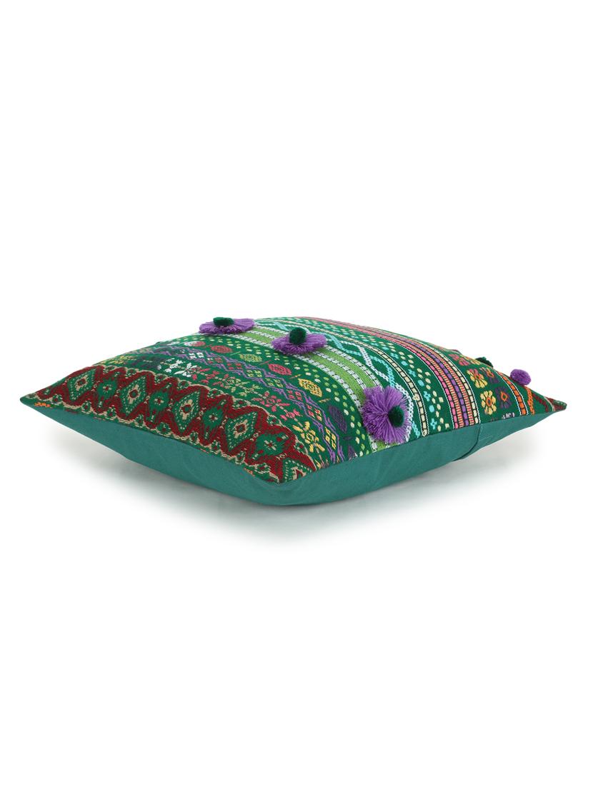 mezposh tribal green & multi acrylic jacquard pompom cushion cover (16"x16") - 17977777 - Standard Image - 4