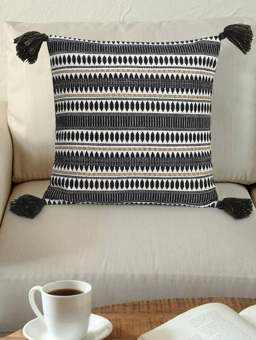 mezposh dazzle black & gold cotton jacquard & acrylic lurex tasselled cushion cover with zari (16"x16") - 17977809 - Very Small Image - 1