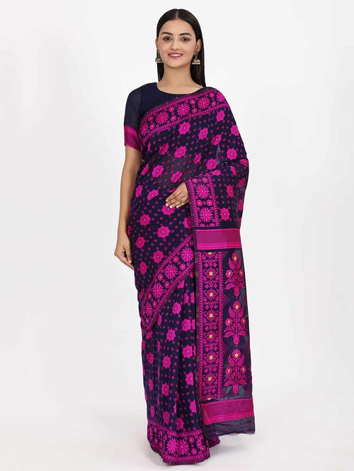 women's self design navy blue colored saree with blouse - 17979182 - Very Small Image - 1