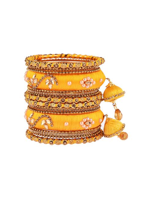 yellow crystal kundan silk thread bangle set (set of 18) - 17980797 - Very Small Image - 1